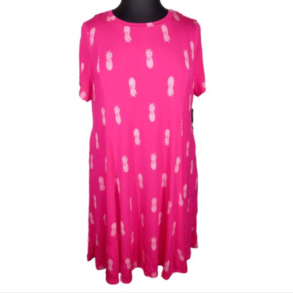 Torrid Plus Size 1X Pink Pineapple Print Short Sleeve Dress, Pockets, Super Soft - Picture 1 of 8